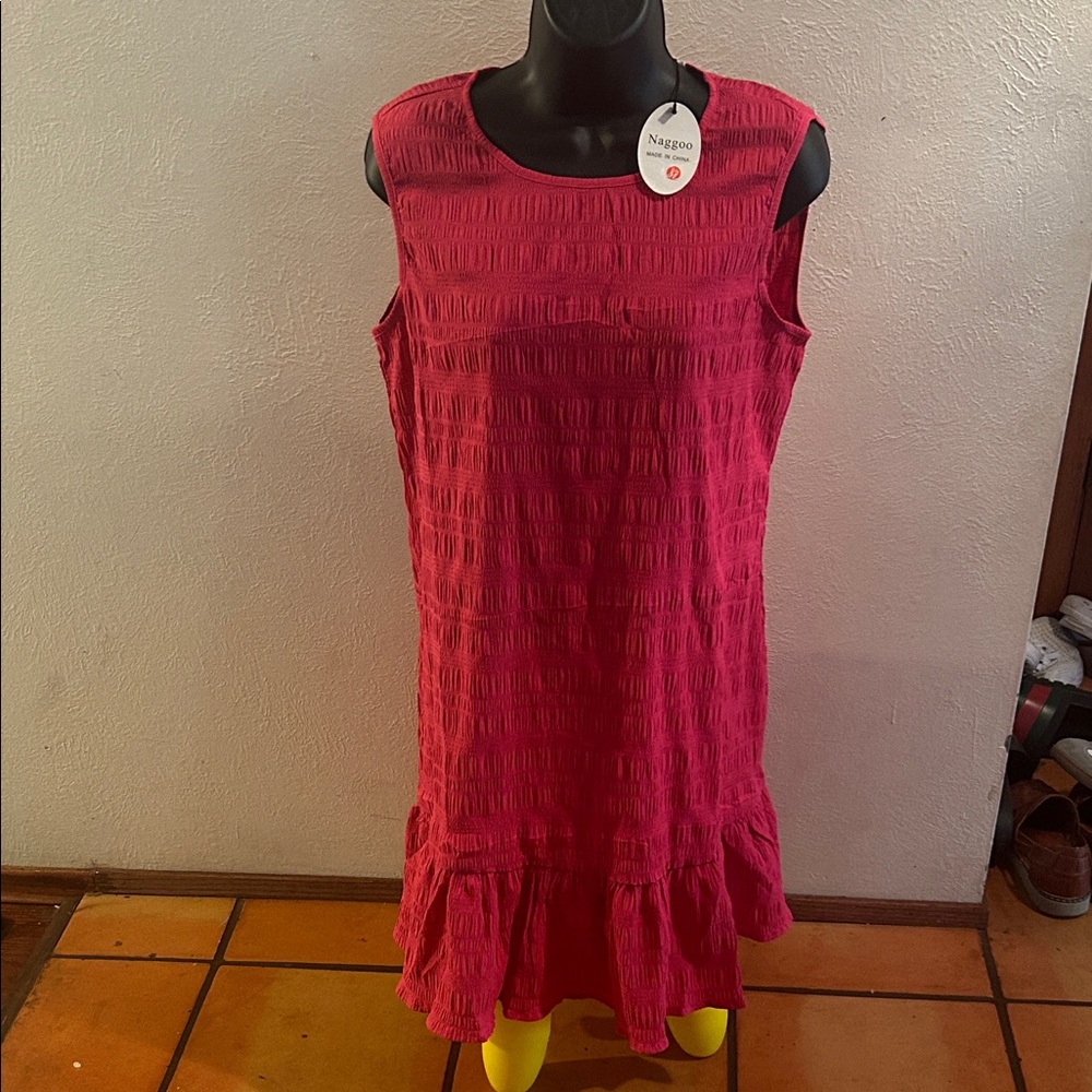 Sleeveless Textured Ruffle Hem Dress - Red